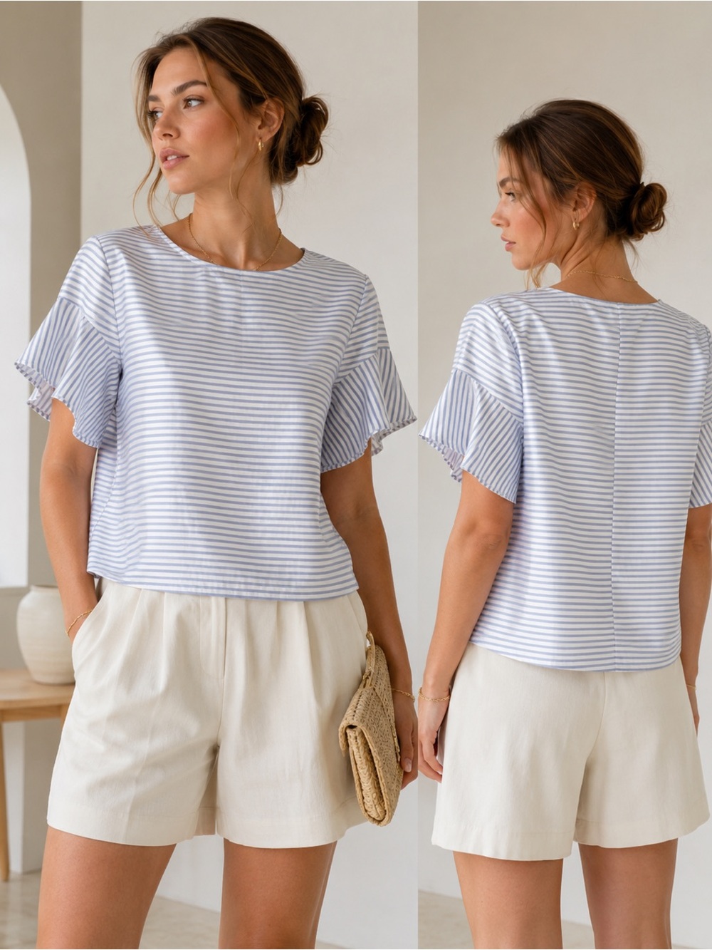 Banana Republic Shiny Light Blue and White Striped Top